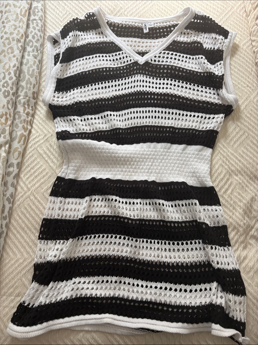 Dkny Black and White Striped Open-Knit cover up